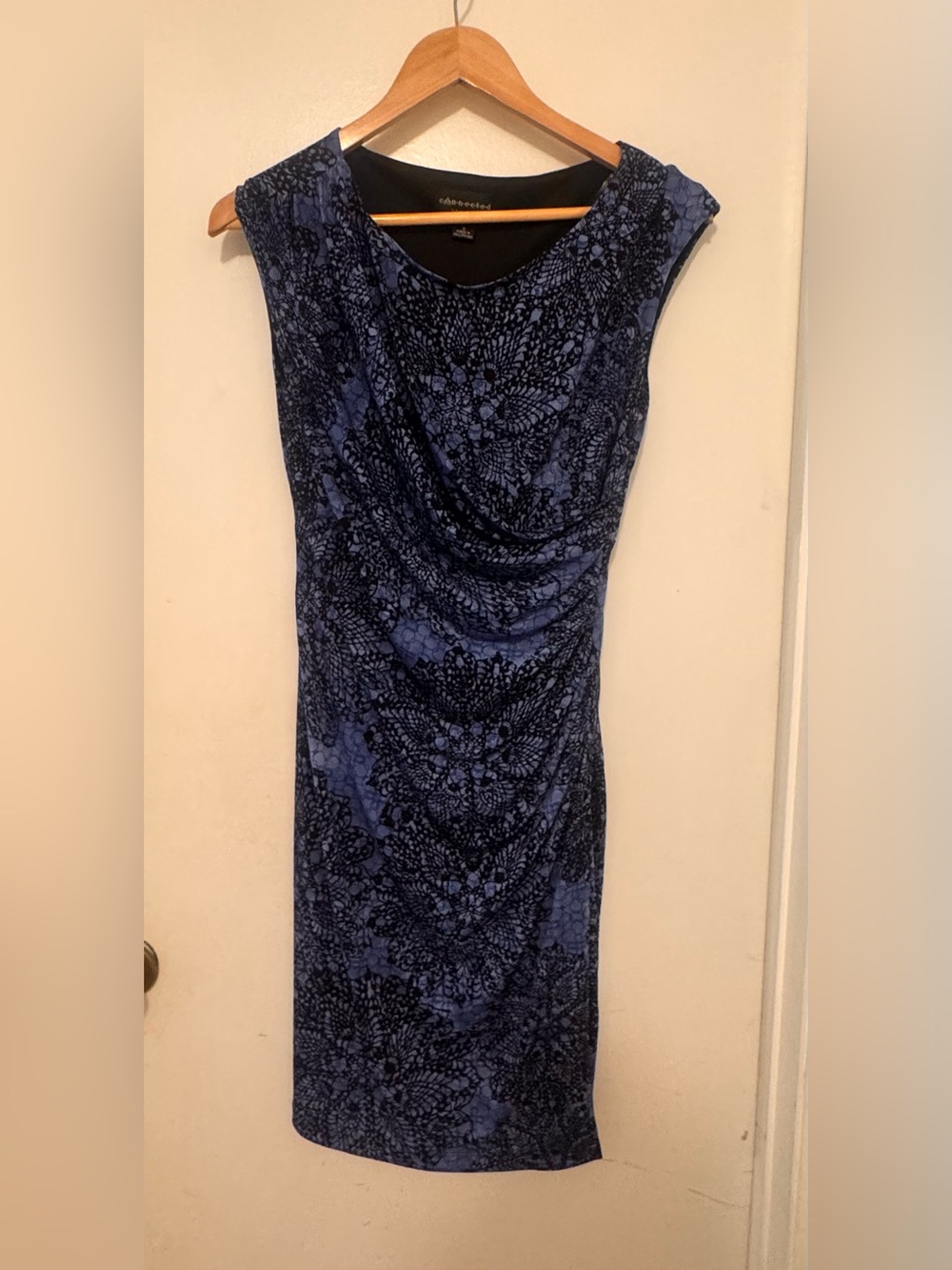 connected apparel Navy and Black Floral Draped Midi Dress